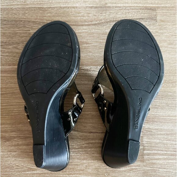 Black Shiny Thong Sandals Womens Size 8 Wedge Heel - Picture 8 of 8